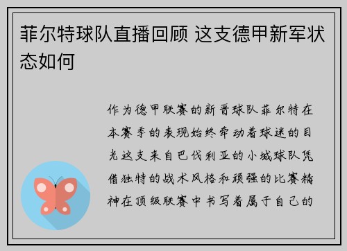菲尔特球队直播回顾 这支德甲新军状态如何